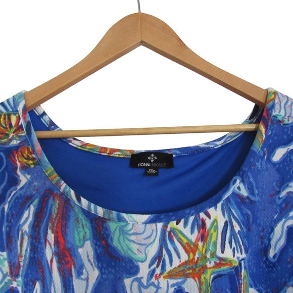 Ronni Nicole Blue Nautical Dress Size XL Sleeveless Ocean Starfish Stretch Beach - Picture 3 of 11
